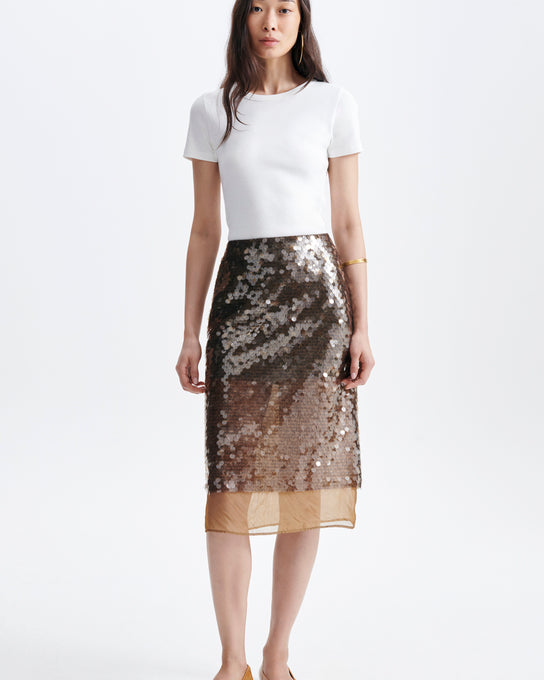 jupe midi à sequins, marque Vanessa Bruno, modèle Heasy, coloris marron