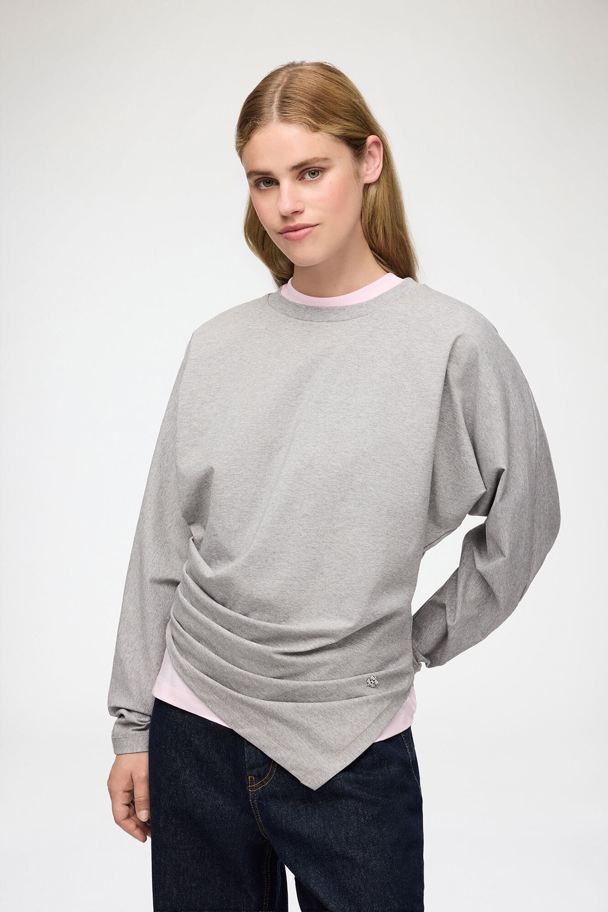 Tee-shirt drapé A1040543 Ganni, coloris gris chiné, coton – vue 2