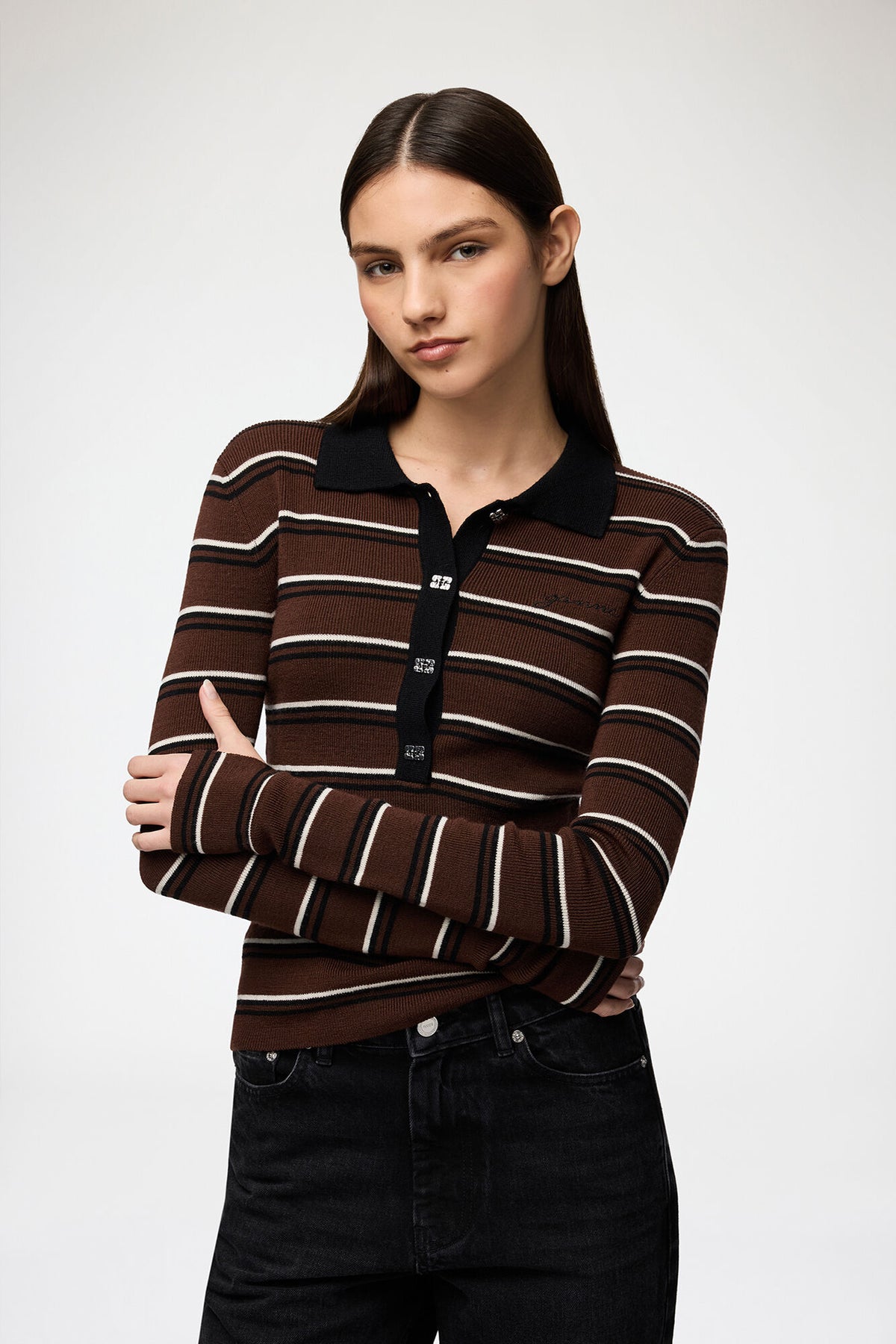 Pull mérinos A1170004 Ganni, coloris marron, laine – vue 2