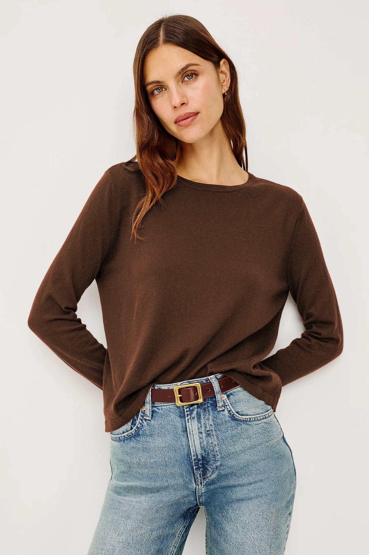 pull cachemire manches longues, coloris marron, marque Rails