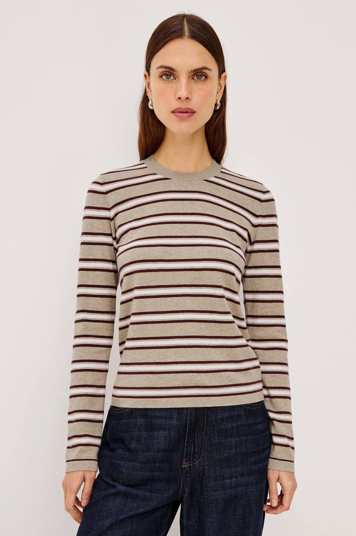 Tee-shirt rayé manches longues, coloris beige et marron, marque Rails, modèle Davie