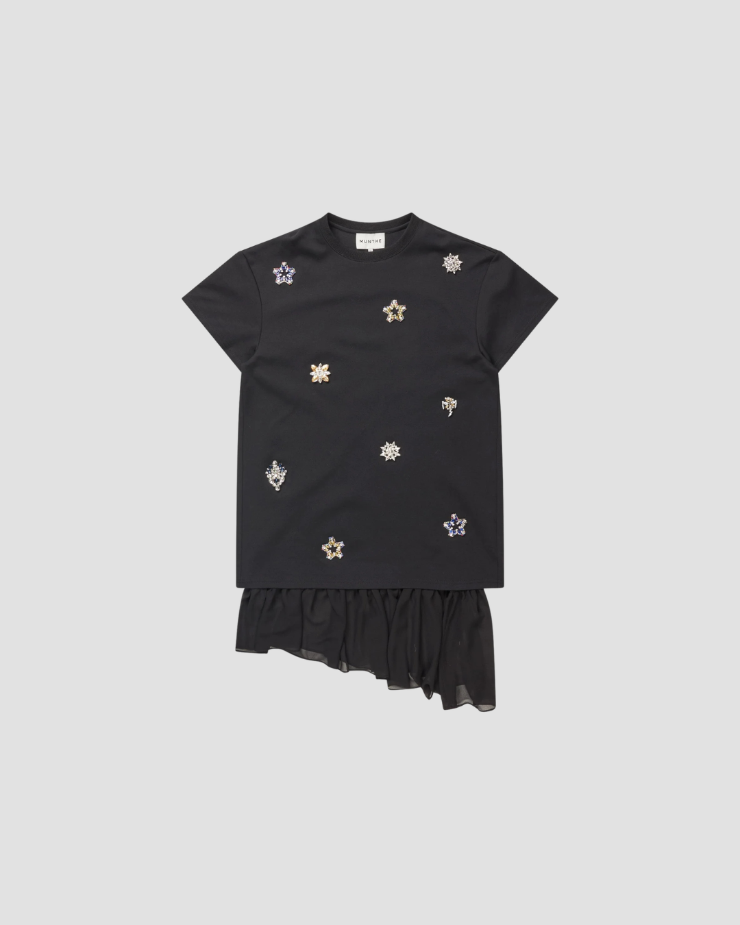 Robe manches courtes brodée asymétrique, marque Munthe, modèle Visorless, coloris noir