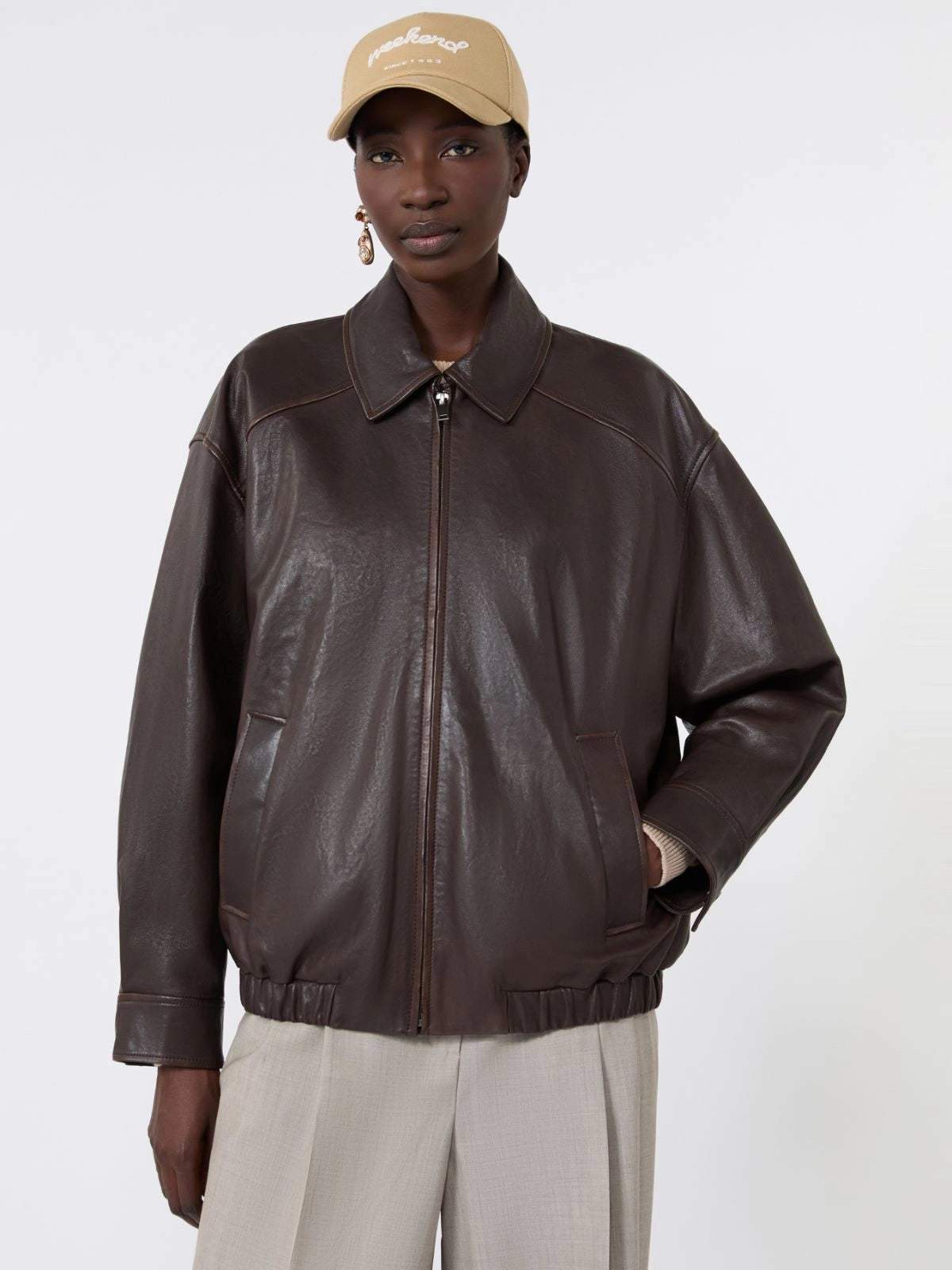 Veste en cuir Cose WeekEnd MaxMara, coloris marron – vue 3