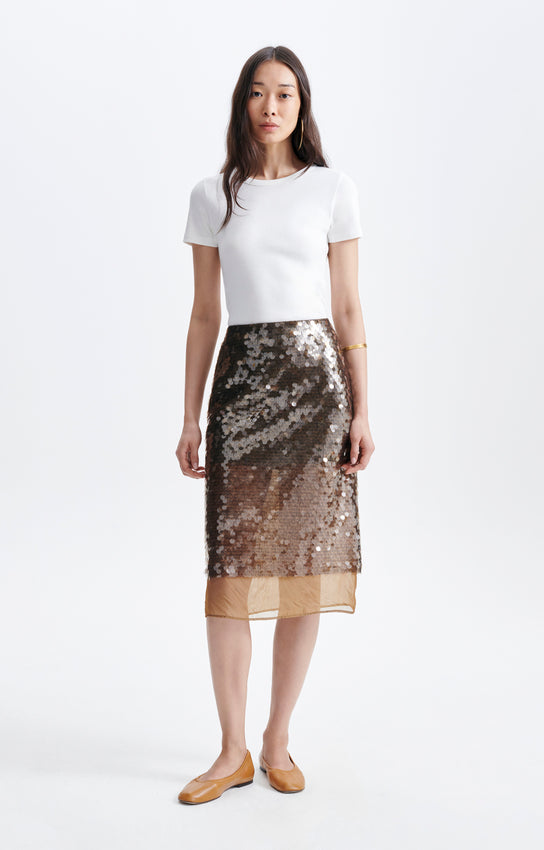 jupe midi à sequins, marque Vanessa Bruno, modèle Heasy, coloris marron