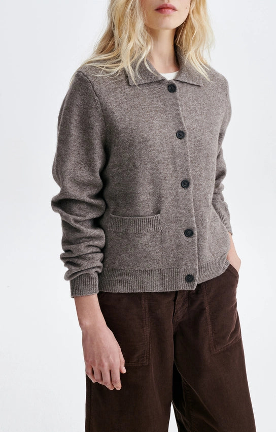 cardigan en laine et yak, col chemise, marque Vanessa Bruno, modèle Humphrey, coloris taupe